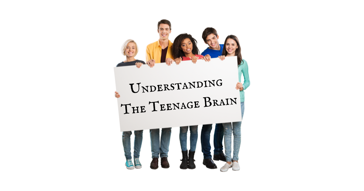 A group of 5 teenagers standing shoulder to shoulder holding a white board which reads Understanding the Teenage Brain